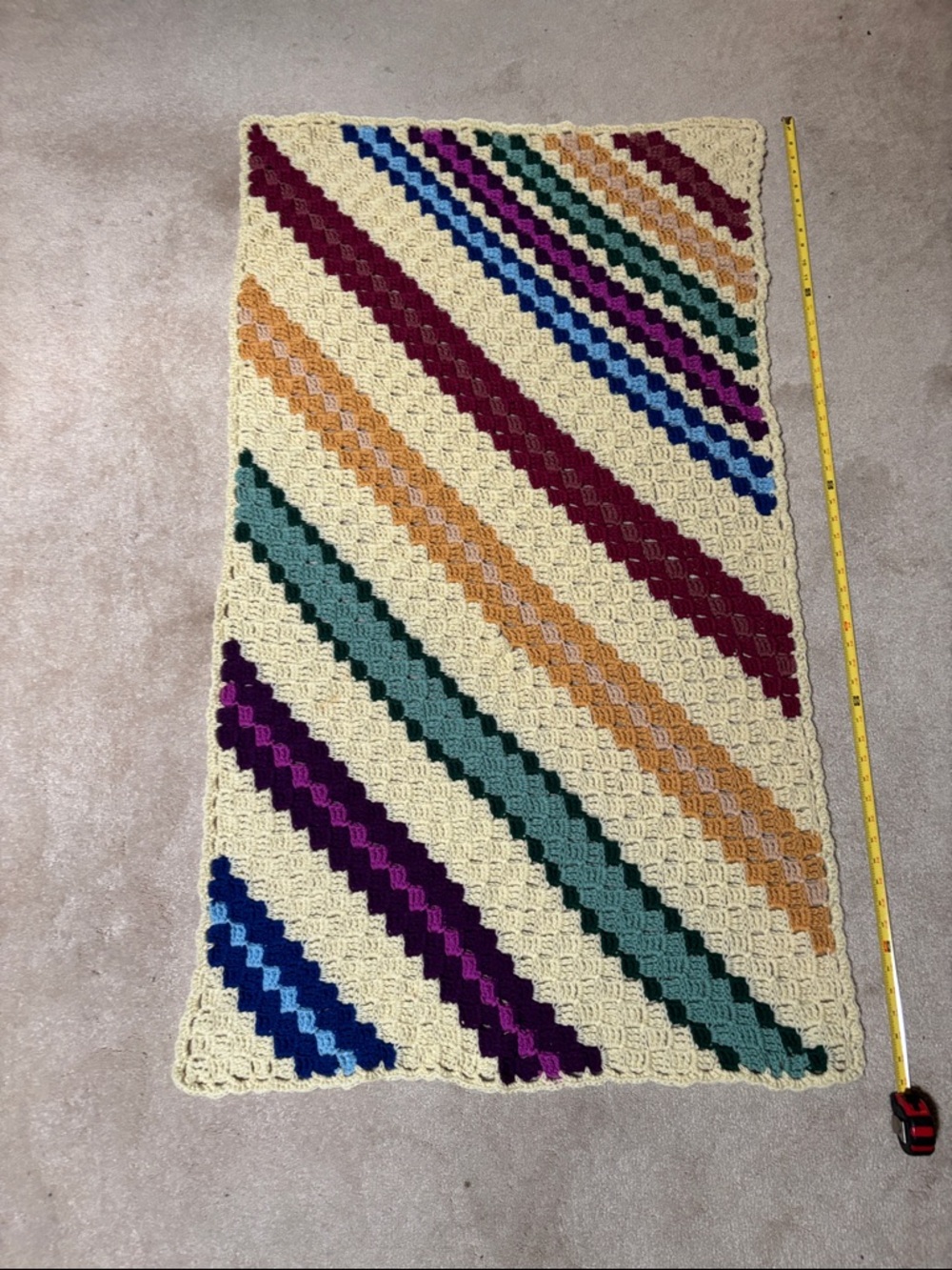Handmade Crochet Diagonal Stripe Throw - Cream with Multicolor Stripes